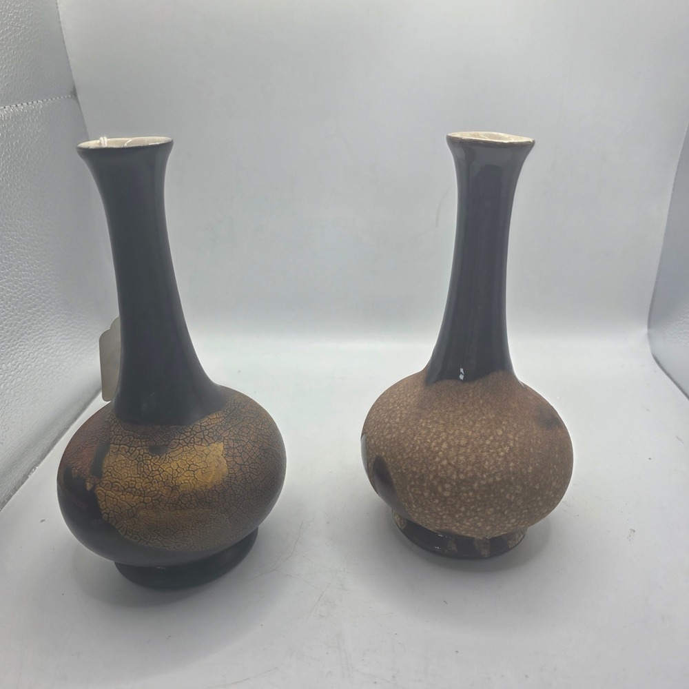 Vintage Royal Haeger #4131 Bud Vases Pair Brown Black Crackle Glaze MCM Pottery